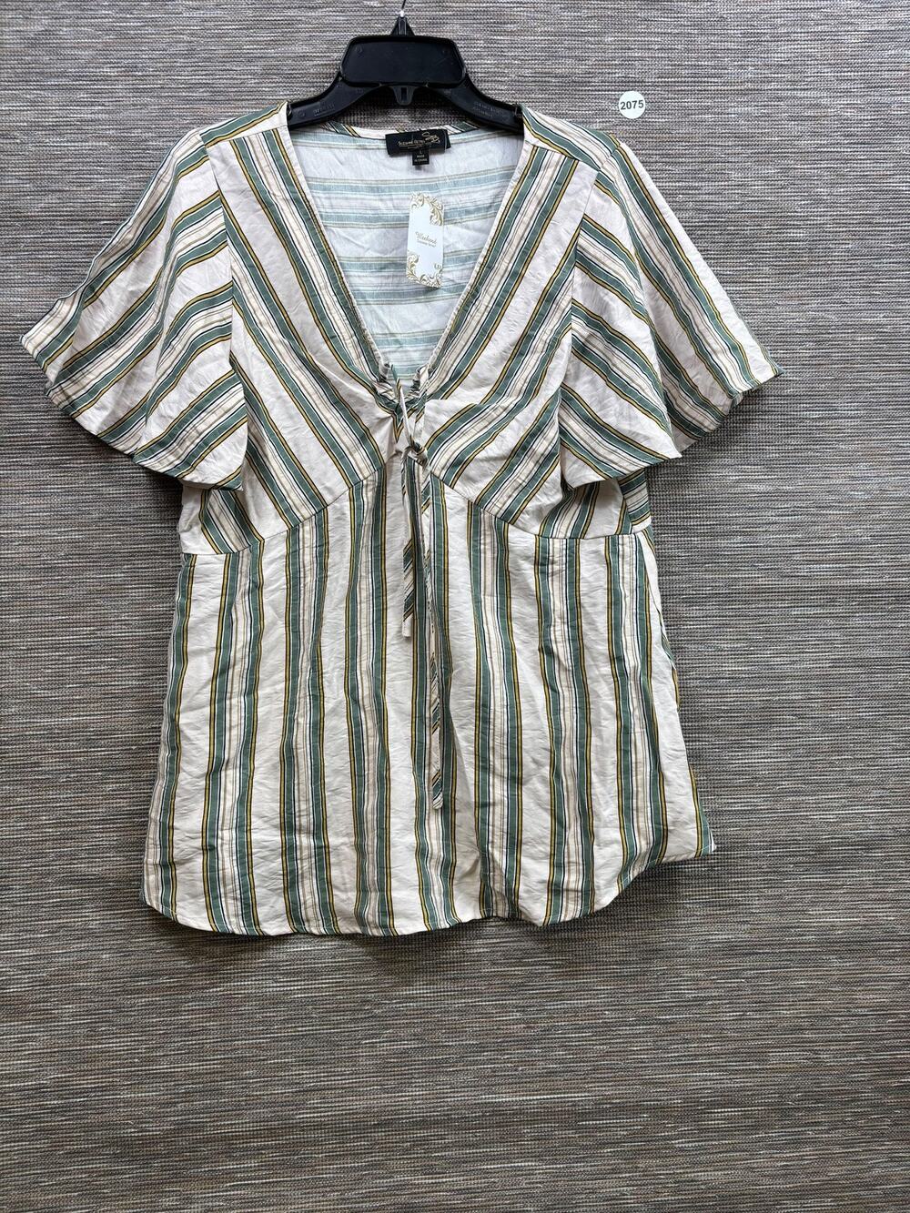 Suzanne Betro Blouse Womens L White Stripe Tie Front Flutter Sleeve Tunic Top